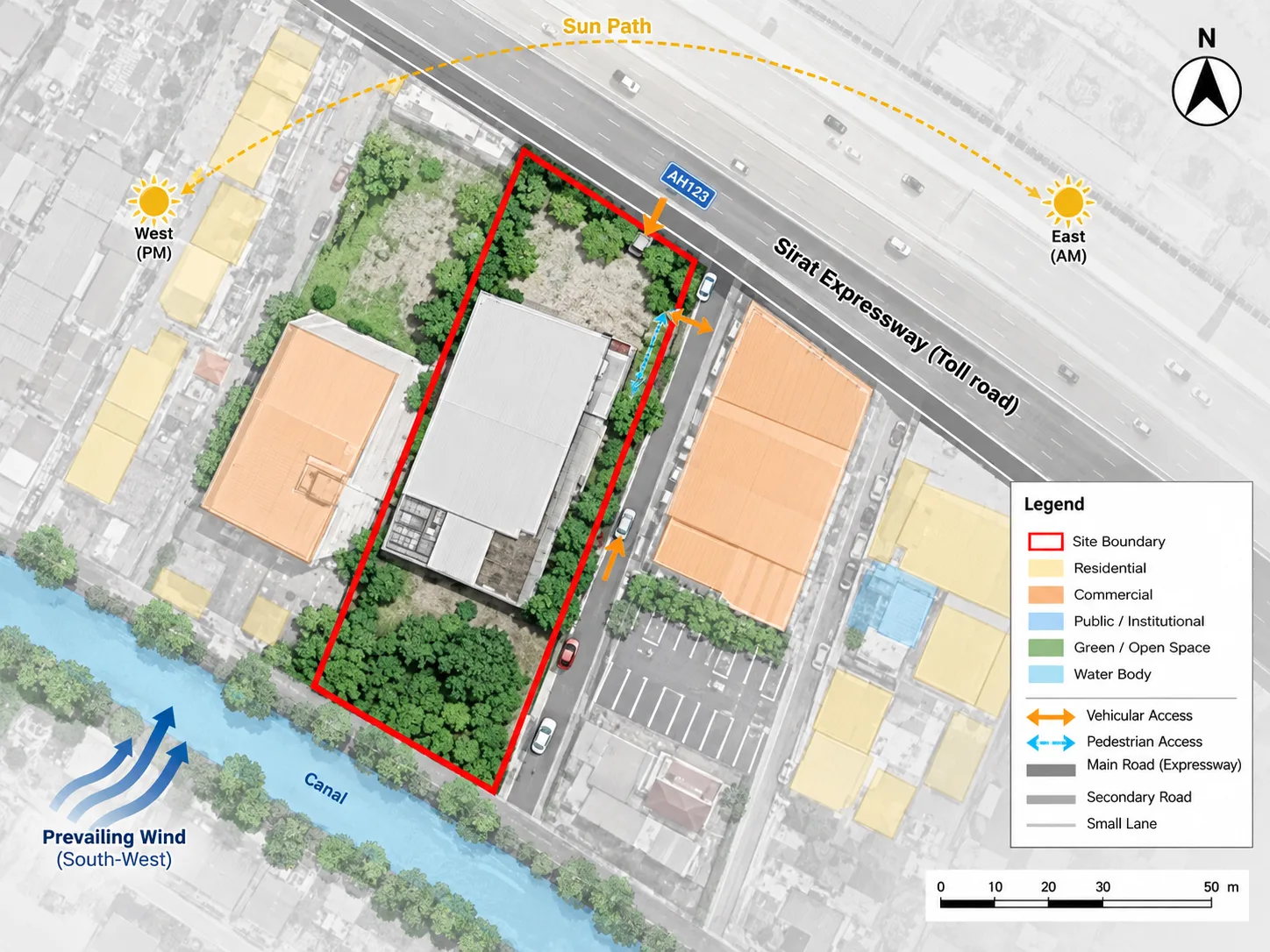 Site Context Diagram ที่ AI สร้างจากภาพดาวเทียม แสดงถนน อาคารข้างเคียงแยกตามประเภทการใช้งาน ทางเข้า ทิศลม และ Sun Path